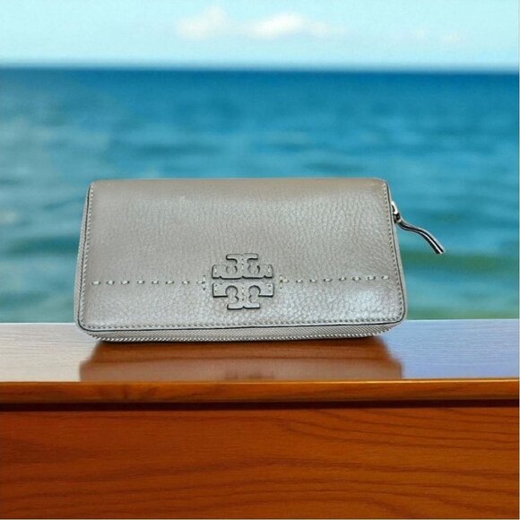 Tory Burch Mcgraw Continental Full Zip Around Genuine Leather Travel Wallet Gray - Picture 1 of 8